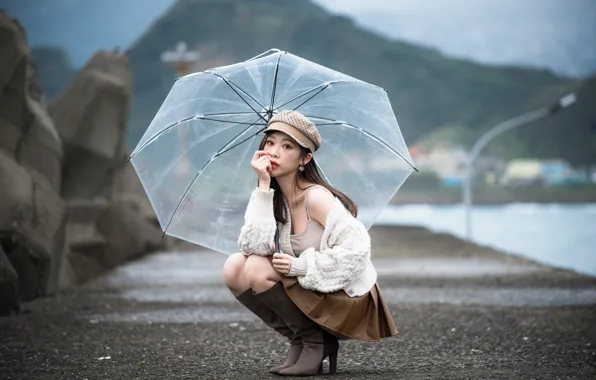 Look, loneliness, cap, Asian, promenade, white jacket, girl posing, squatting