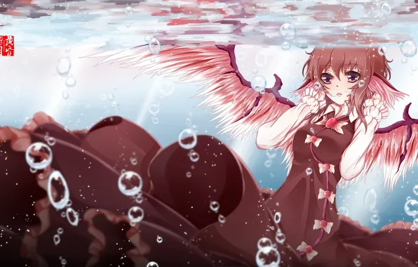 Girl, bubbles, wings, anime, art, under water, touhou, mystia lorelei