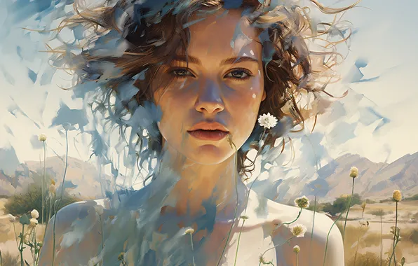 Picture Flowers, Girl, Look, Face, Hair, Digital art, AI art, The Art of Artificial Intelligence