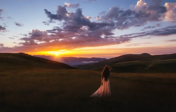 Field, the sky, grass, girl, the sun, clouds, light, mountains