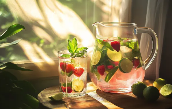 Glass, light, glass, berries, window, strawberry, lime, drink