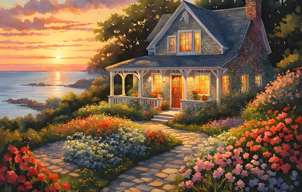 Sunset, flowers, house, the evening, garden, mansion, pond, imitation painting