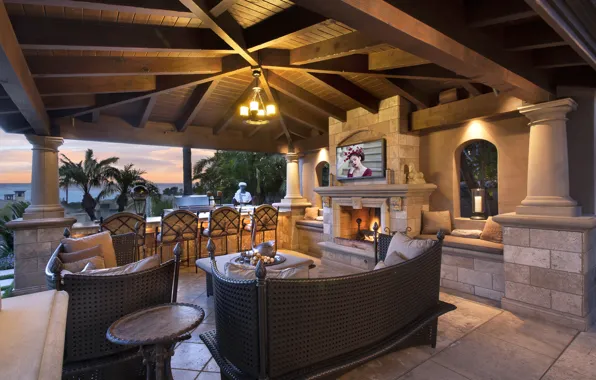 Palm trees, furniture, interior, candles, fireplace, mansion, veranda