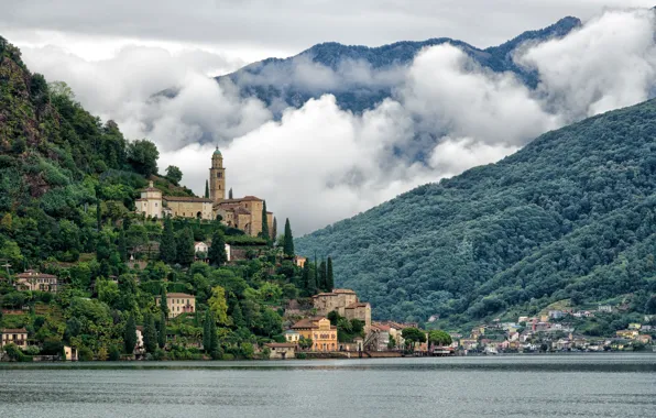 Forest, clouds, trees, mountains, nature, lake, shore, home