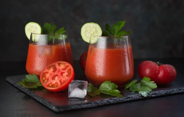 Ice, cucumber, juice, glasses, still life, tomatoes, parsley, tomatoes