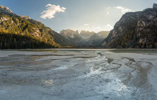 Forest, the sky, light, mountains, river, rocks, shore, the slopes