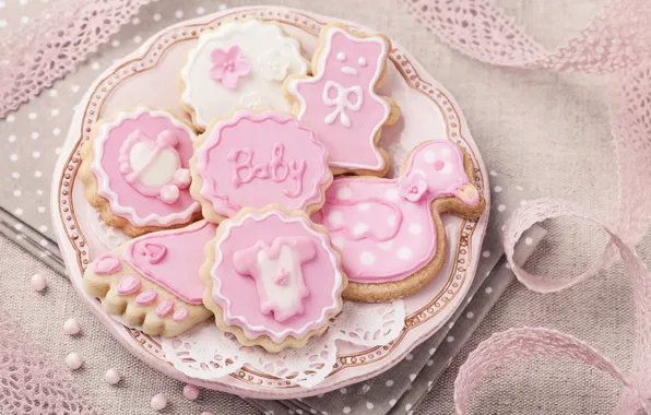 Picture decoration, pink, cookies, pink, sweet, glaze, baby, cookies