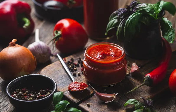 Tomatoes, ketchup, spices, jar, Basil, tomato paste