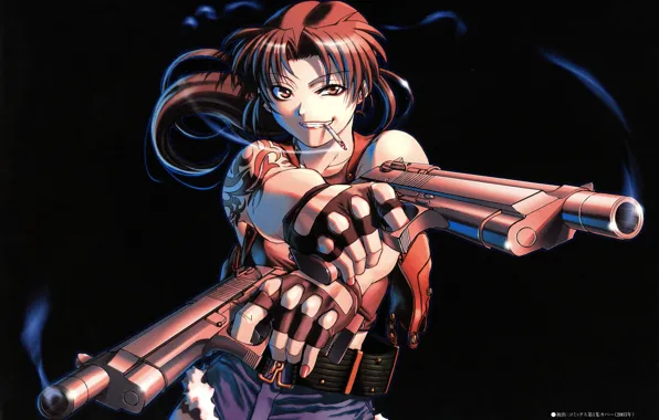 Gun, shot, tattoo, Black Lagoon, Revy, cigarette, black background, pirates of the black lagoon