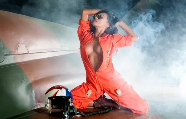 Chest, girl, orange, sexy, smoke, shoes, brunette, glasses