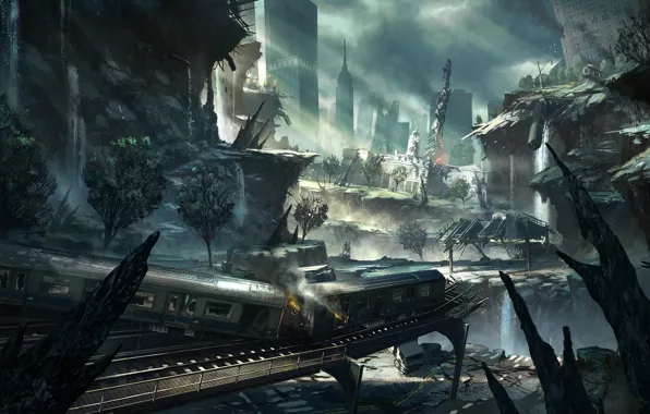 Picture the city, rails, train, cars, art, ruins, the crysis 2