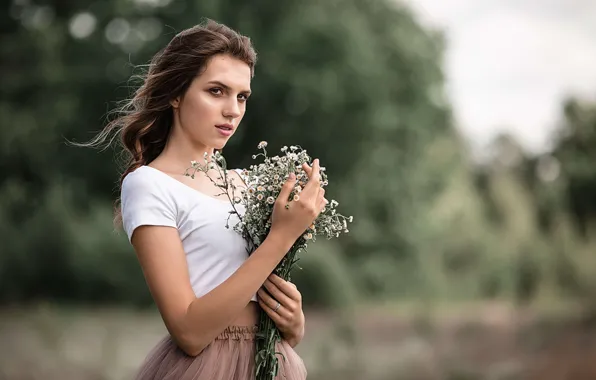 Summer, look, girl, flowers, nature, skirt, chamomile, t-shirt