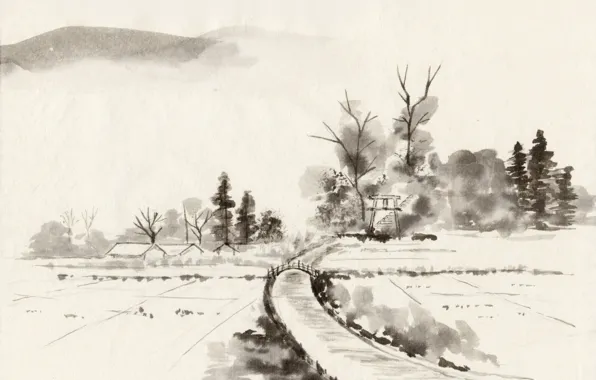 Picture trees, bridge, river, shore, Japan, village, Painting