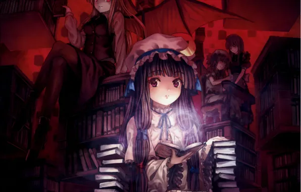 Light, books, wings, library, touhou, remilia scarlet, izayoi sakuya, art