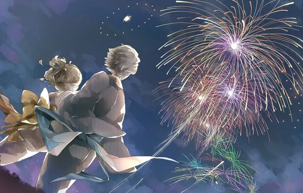 Picture the sky, girl, night, anime, art, fireworks, guy, kimono