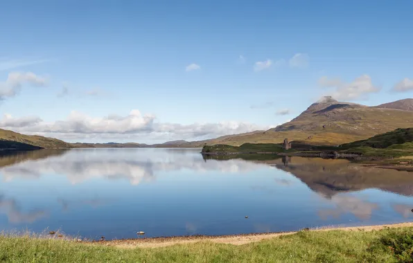 Picture lake, hills, tower, Scotland, Loch Assynt