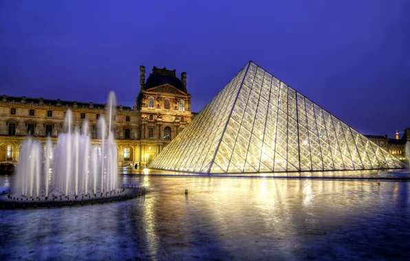 Picture water, light, the city, reflection, France, Paris, the evening, The Louvre