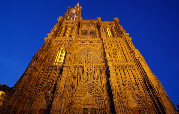 Light, night, France, architecture, Strasbourg, Cathedral