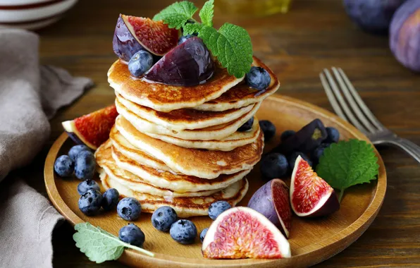 Berries, blueberries, pancakes, mint, cakes, figs
