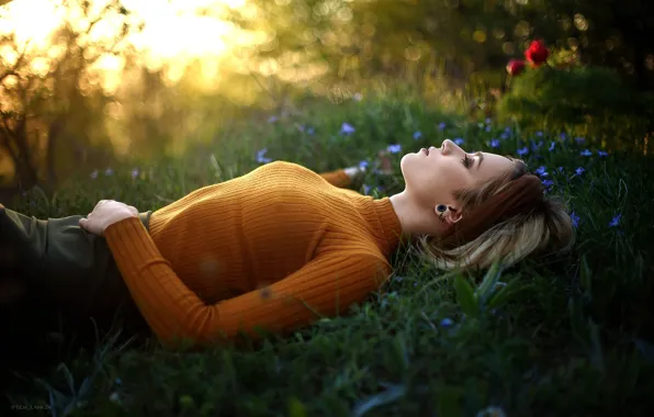 Grass, girl, flowers, nature, pose, mood, closed eyes, Denis Lankin