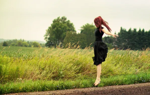 Picture ROAD, GIRL, NATURE, GRASS, GREENS, JUMP, DRESS, BLACK