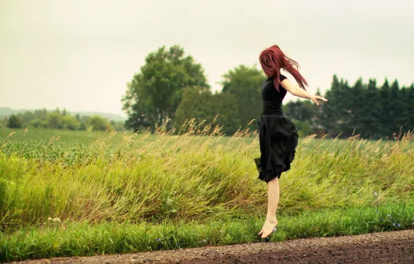 ROAD, GIRL, NATURE, GRASS, GREENS, JUMP, DRESS, BLACK