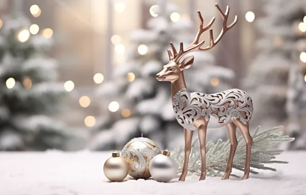 Winter, balls, snow, lights, patterns, toy, deer, Christmas