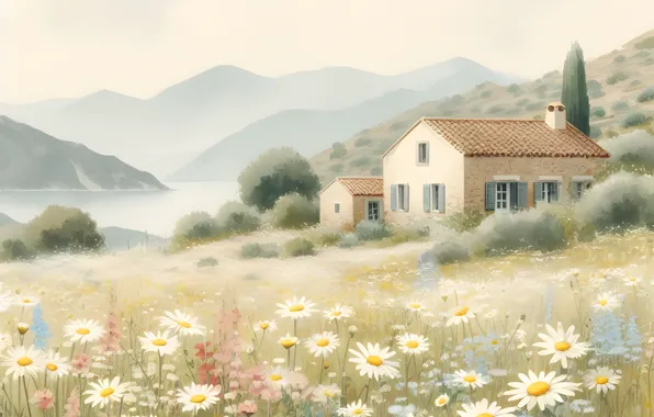 Field, flowers, mountains, house, chamomile, meadow, house, painting