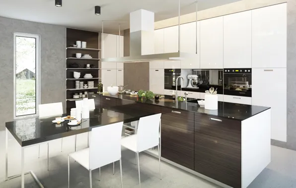 Table, furniture, kitchen, dishes, mansion, Design, Interior, Kitchen