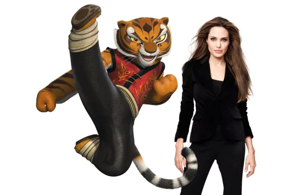 Actress, Angelina Jolie, Angelina Jolie, white background, Tigress, in black, Kung Fu Panda, Kung fu …