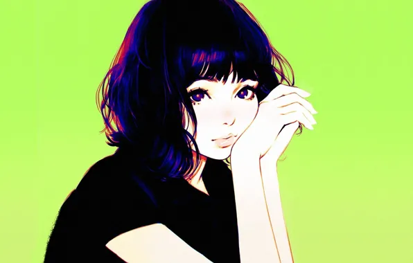 Picture haircut, green background, bangs, portrait of a girl, Kuvshinov Ilya, hands at the face, black …