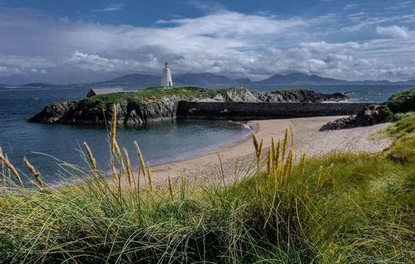 Sand, sea, beach, grass, clouds, landscape, mountains, nature