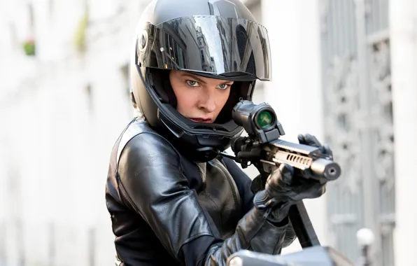 Pose, weapons, bike, motorcycle helmet, Rebecca Ferguson, Rebecca Ferguson, Mission: impossible-the Consequences, Mission: Impossible – …