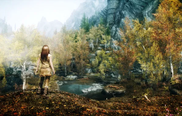 Girl, Nature, Mountains, The game, Rocks, Trees, Pond, Skyrim
