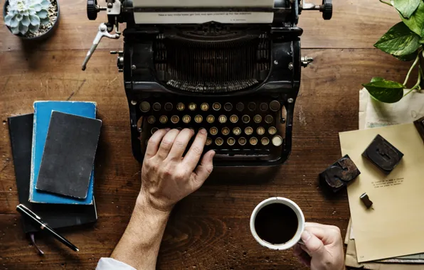 Metal, coffee, plant, table, typewriter