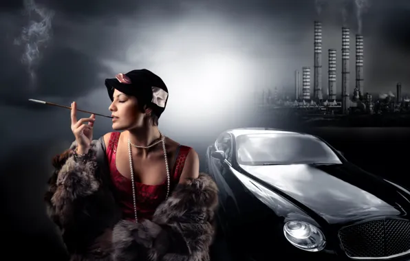 Picture machine, pipe, plant, woman, smoke, hat, necklace, cigarette