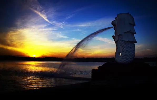 Picture sunset, Statue, Singapore, 156, MERLION, fountain