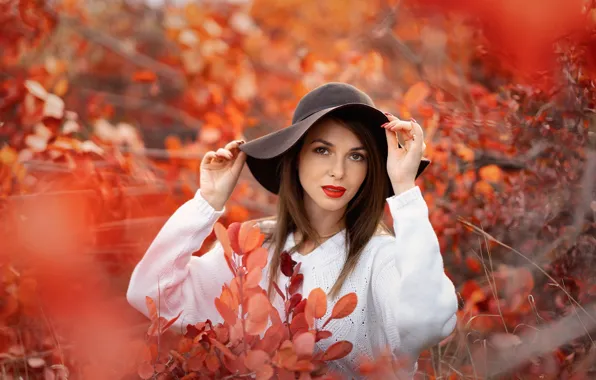 Picture look, hat, brown hair, Anna, bokeh, Evgeniy Vigurskiy