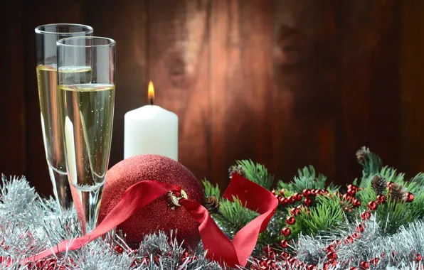 Balls, tree, New Year, Christmas, tinsel, champagne, Christmas, New Year