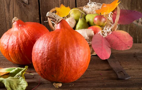 Pumpkin, basket, pear, the gifts of autumn