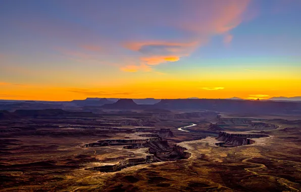 Clouds, sunset, mountains, river, desert, horizon, canyon, orange sky