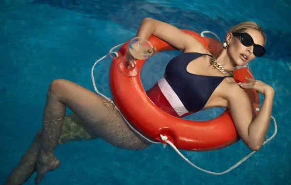 Swimsuit, water, girl, pose, glass, pool, hands, glasses