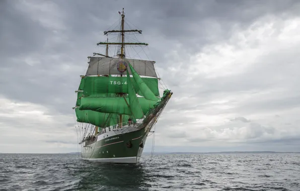 Picture clouds, ship, sailboat, green sails