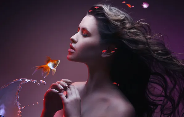 Picture water, girl, fish, abstraction, creative, background, makeup, brunette