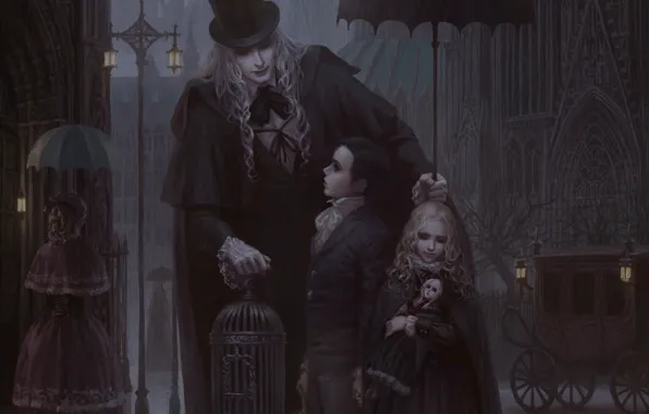 Children, Gothic, cell, doll, umbrella, lights, male, coach