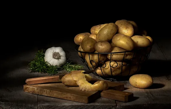 Food, knife, black background, still life, items, peel, composition, garlic