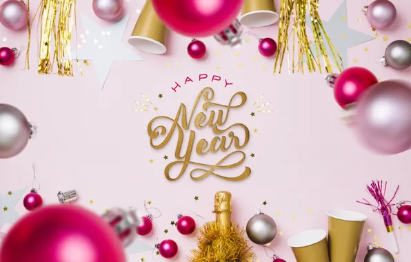 Stars, balls, wine, the inscription, Shine, bottle, Christmas, New year