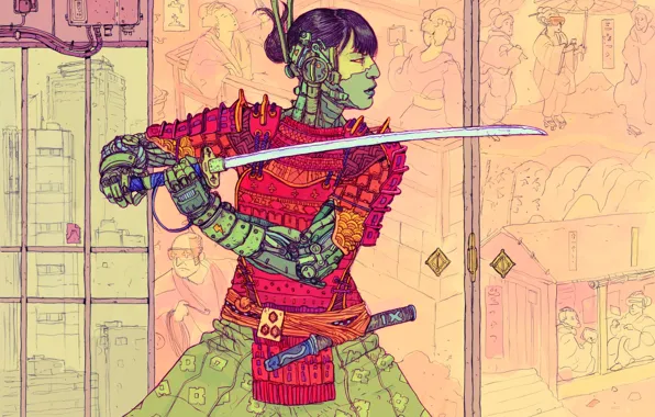 Girl, Japan, Robots, Sword, Samurai, Fantasy, Art, Art