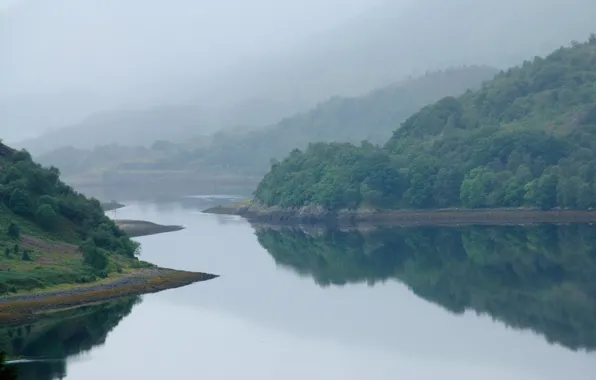 Picture the sky, water, mountains, fog, river, Scotland