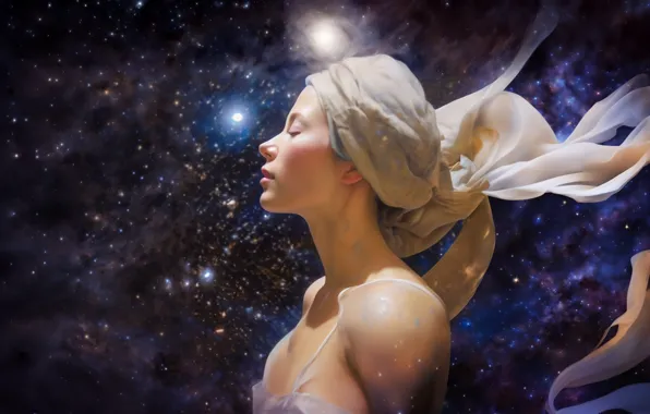 Girl, space, stars, landscape, nature, fiction, the wind, the universe